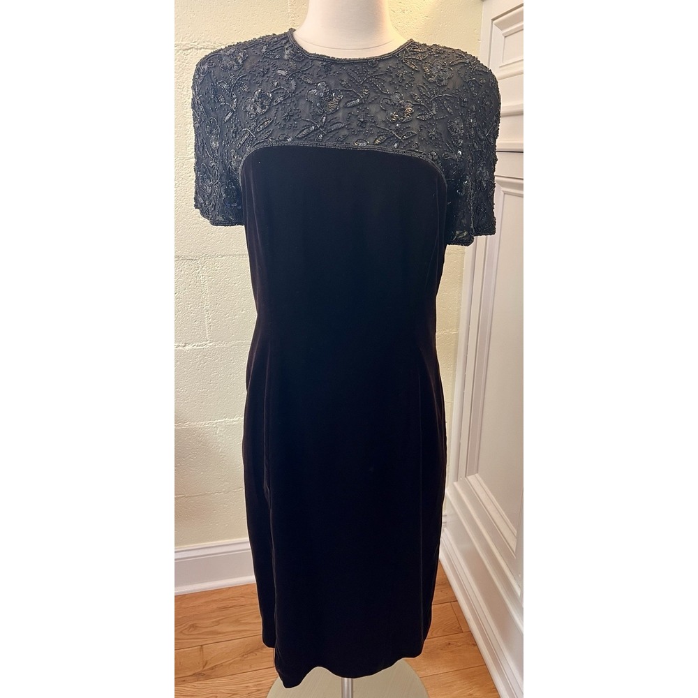 Vintage‎ Talbots Black Velvet Sequin Neckline Sheath Dress - Size 8